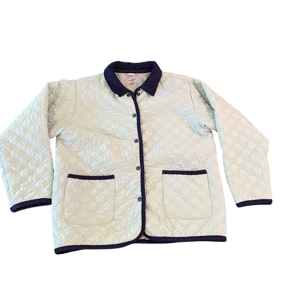 LL Bean Girls Quilted Barn Jacket Mint Green Navy Corduroy Trim Snap Front XL?